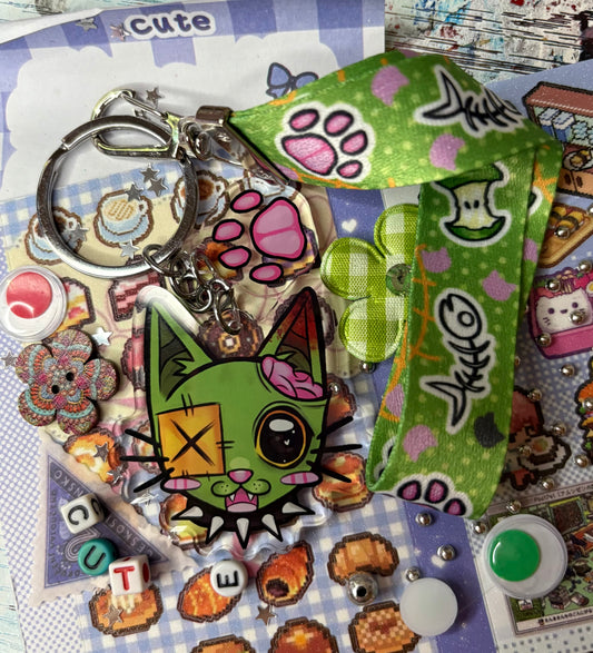 Zombie Cat Lanyard Keychain